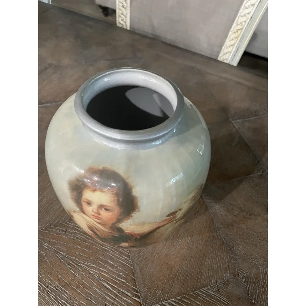 Vintage Decopauge French Style Shepherd Boy & Sheep Urn Vase 8.5